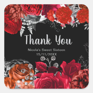 Elegant Red and Silver Flowers Sweet Sixteen  Square Sticker