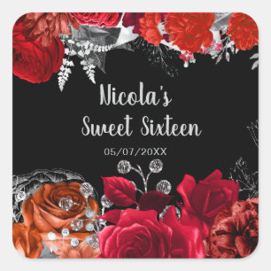 Elegant Red and Silver Flowers Sweet Sixteen  Square Sticker