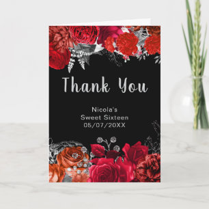 Elegant Red and Silver Flowers Sweet Sixteen Thank You Card