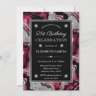 Elegant Red and Silver Glitter Agate 21st Birthday Invitation