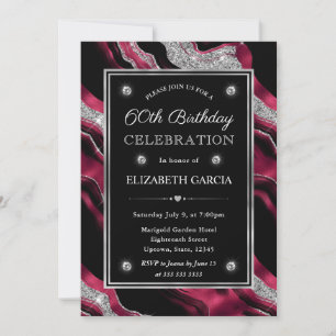 Elegant Red and Silver Glitter Agate 60th Birthday Invitation