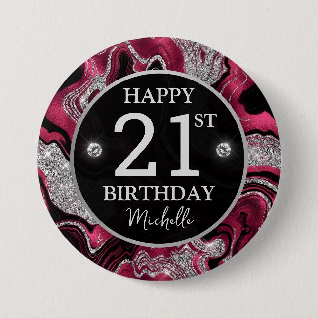 Elegant Red and Silver Glitter Agate Birthday 3 Inch Round Button (Front)