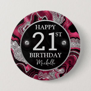 Elegant Red and Silver Glitter Agate Birthday 3 Inch Round Button