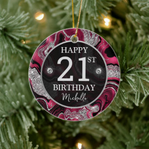 Elegant Red and Silver Glitter Agate Birthday Ceramic Ornament