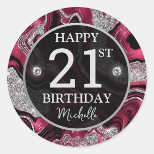 Elegant Red and Silver Glitter Agate Birthday Classic Round Sticker