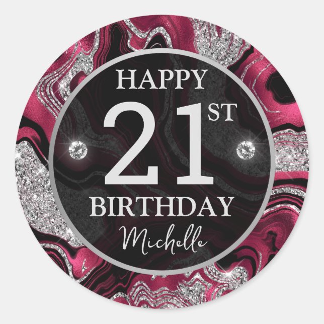Elegant Red and Silver Glitter Agate Birthday Classic Round Sticker (Front)