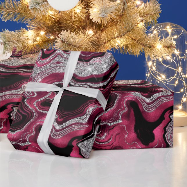 Elegant Red and Silver Glitter Agate Birthday Wrapping Paper (Holidays)