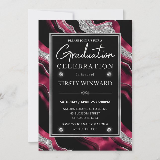 Elegant Red and Silver Glitter Agate Graduation Invitation (Front)