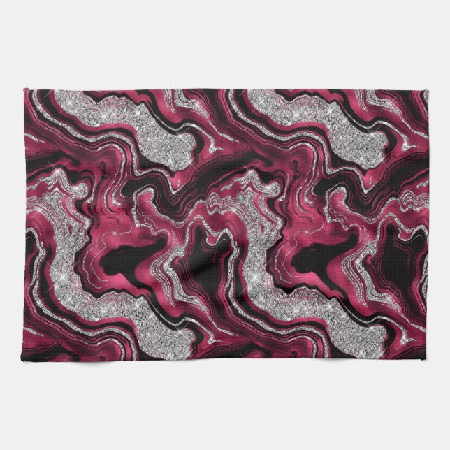 Elegant Red and Silver Glitter Agate Pattern Kitchen Towel (Horizontal)