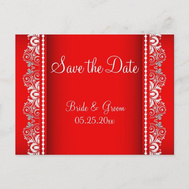 Elegant Red and Silver Lace Style | Personalize Announcement Postcard (Front)
