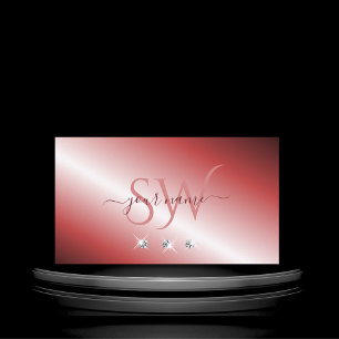 Elegant Red and Silver Sparkling Diamonds Monogram Business Card