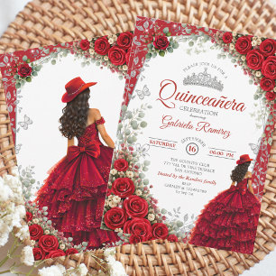 Elegant Red and Silver Watercolor Quinceañera Invitation