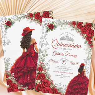 Elegant Red and Silver Watercolor Quinceañera  Invitation
