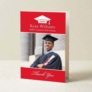 Elegant Red and White Custom Graduation Photo Thank You Card