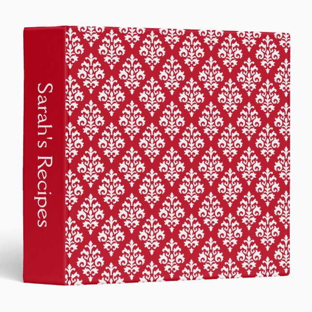 Elegant Red and White Damask Family Recipe Binder (Front/Spine)