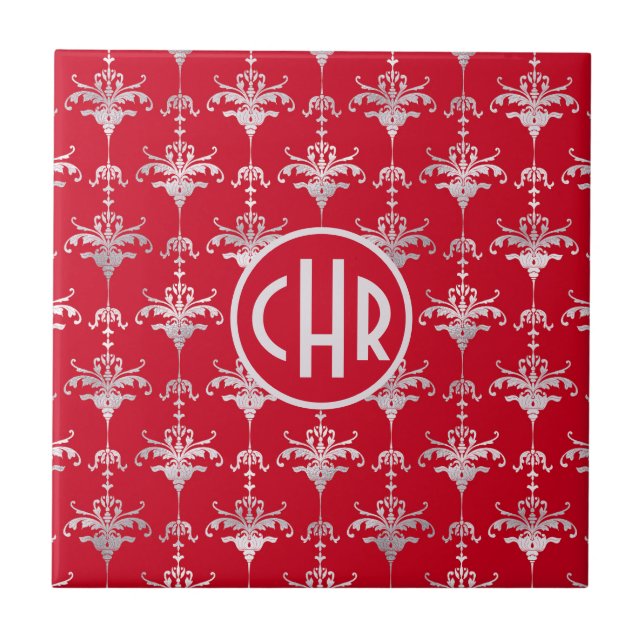 Elegant Red and White Damask Monogram Tile (Front)