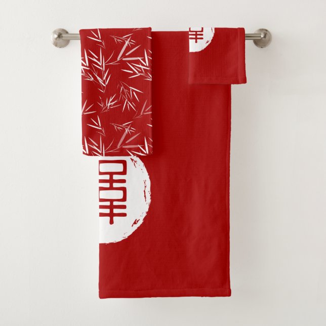 Elegant Red and White Double Happiness Bamboo  Bat Bath Towel Set (Insitu)