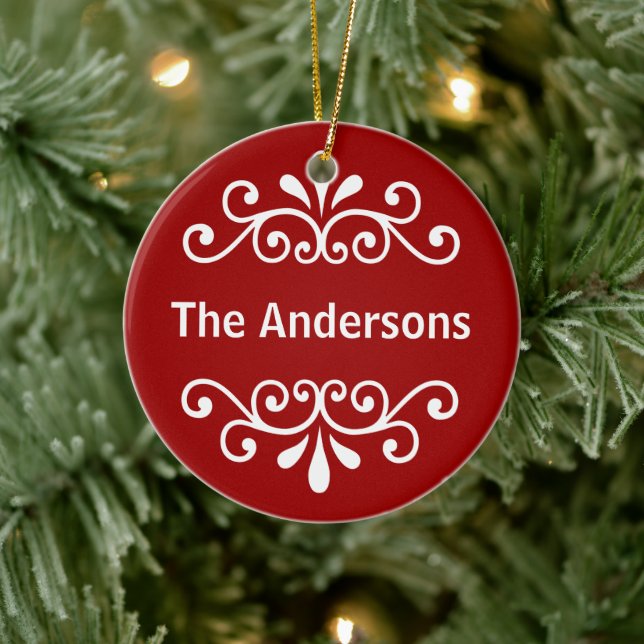 Elegant Red and White Family Name Year Christmas Ceramic Ornament (Tree)