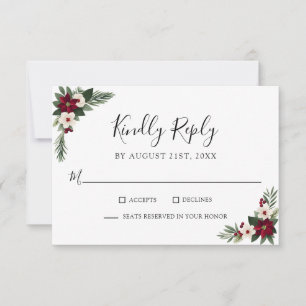 Elegant Red and White Floral Greenery Wedding RSVP
