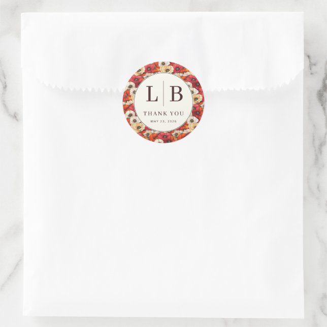 Elegant Red and White Floral Pattern Classic Round Sticker (Bag)