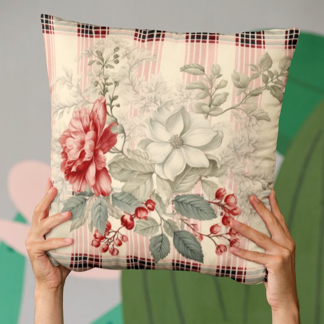 Elegant Red And White Plaid Floral Throw Pillow (Creator Uploaded)