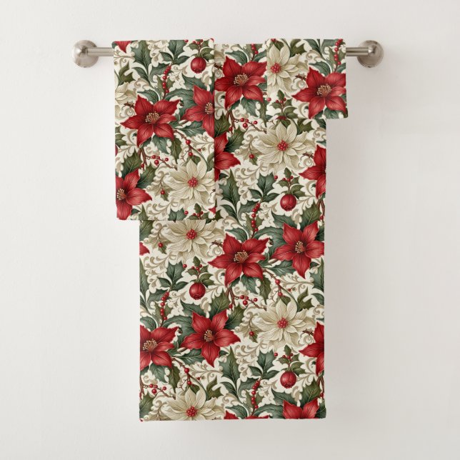 Elegant Red and White Poinsettia  Bath Towel Set (Insitu)
