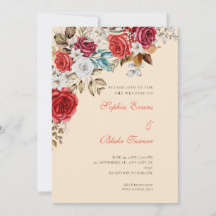 Elegant Red and White Roses Champagne Wedding Invitation