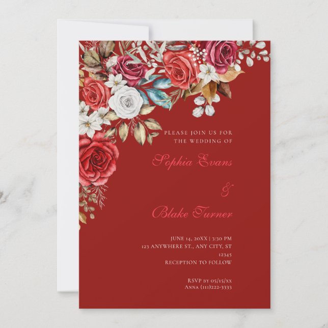 Elegant Red and White Roses Scarlet Red Wedding Invitation (Front)