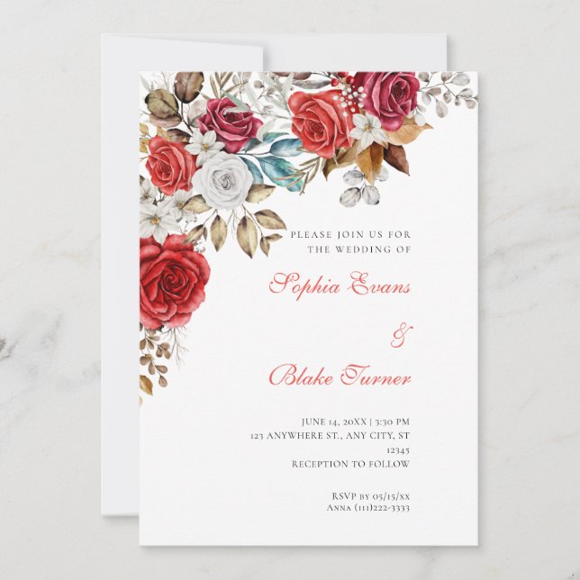 Elegant Red and White Roses White Wedding Invitation (Front)