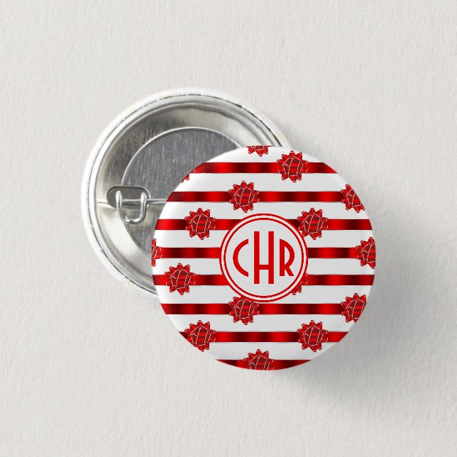 Elegant Red and White Stripes with Ribbon 1 Inch Round Button (Front & Back)