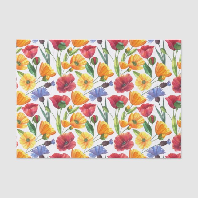 Elegant Red and Yellow Poppy Flowers, Cornflowers Tissue Paper (Front)