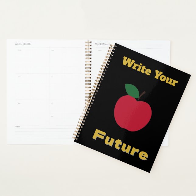 Elegant Red Apple Notebook – Gold Text on Black Planner (Display)