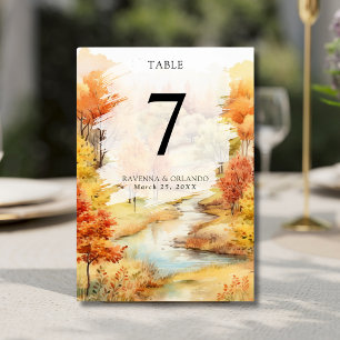 Elegant Red Autumn River Forest Fall Wedding Table Number