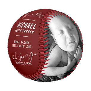Elegant Red Baby Birth Announcement 2 Photo Name Baseball