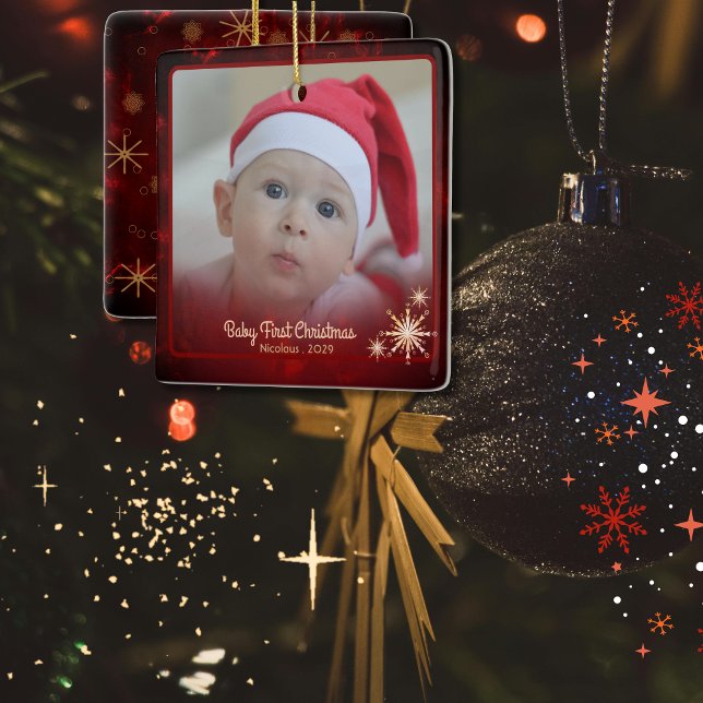Elegant Red Baby First Photo Christmas  Ceramic Ornament (Elegant Red Baby First Photo Christmas Ceramic Ornament)