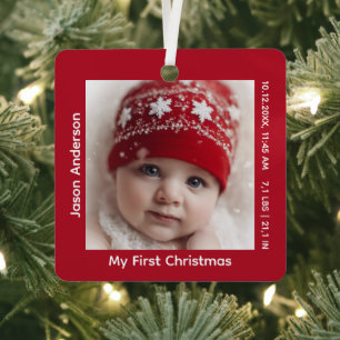 Elegant Red Baby’s First Christmas Photo Memory Metal Ornament