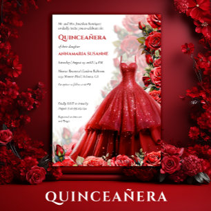 Elegant Red Ball Gown Red Roses Quinceanera   Invitation