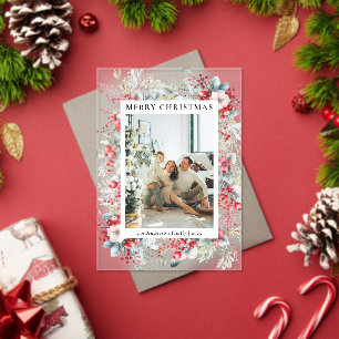 Elegant Red Berries Family Photo Christmas Card Acrylic Invitations