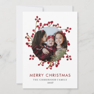 Elegant Red Berries Wreath Family Photo Christmas Holiday Card