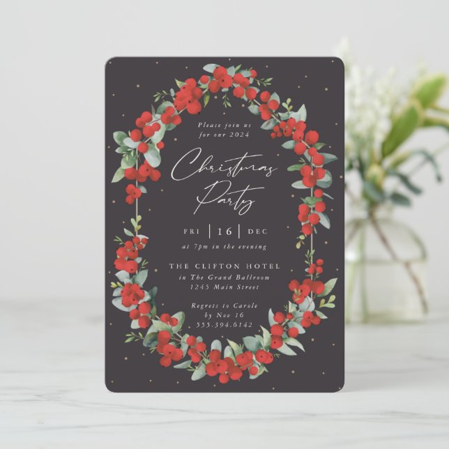 Elegant Red Berry + Eucalyptus Christmas Party Invitation (Standing Front)