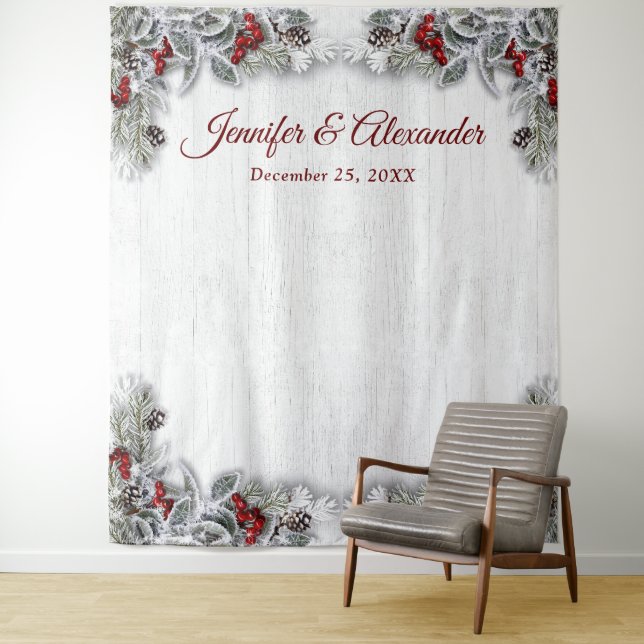 Elegant Red Berry Wedding Photo Booth Backdrop Tapestry (In Situ)