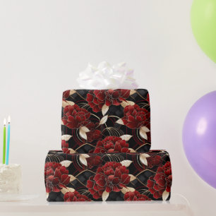 Elegant Red, Black and Gold Floral Marble Pattern Wrapping Paper