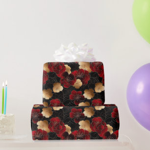 Elegant Red, Black and Gold Floral Marble Pattern Wrapping Paper
