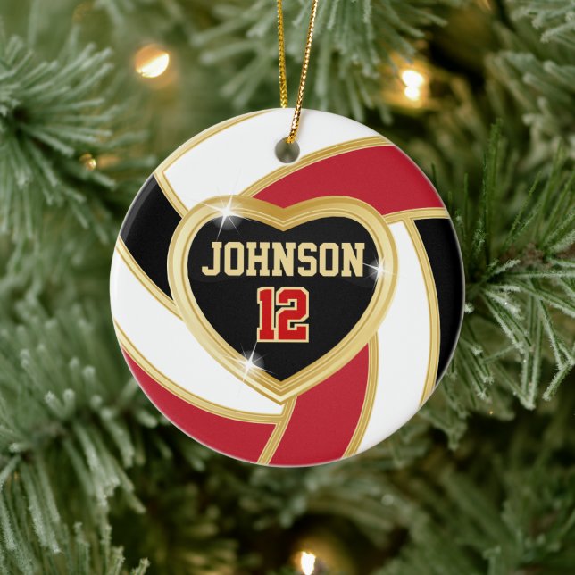 Elegant Red, Black and Gold Volleyball Ceramic Orn Ceramic Ornament (Tree)
