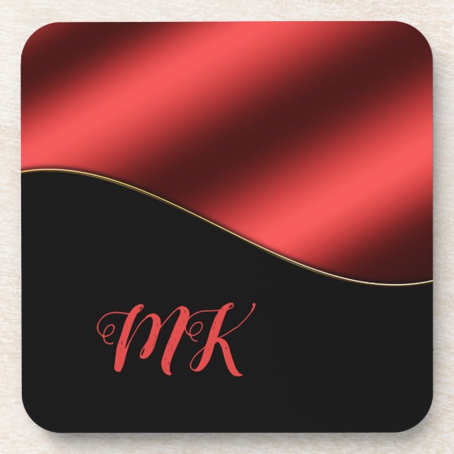 Elegant Red & Black Classy Monogrammed Coaster (Front)