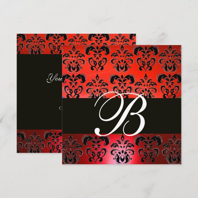 ELEGANT RED BLACK DAMASK WEDDING MONOGRAM INVITES (Front/Back)