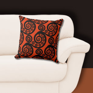 Elegant Red & Black Fern Frond Swirl Throw Pillow