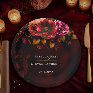 Elegant red black floral Wedding moody romantic Paper Plate