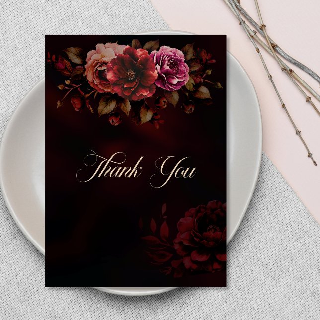 Elegant red black floral Wedding vertical  Thank You Card (Creator Uploaded)