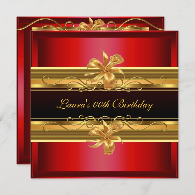 Elegant Red Black Gold Birthday Party Invitation (Front/Back)